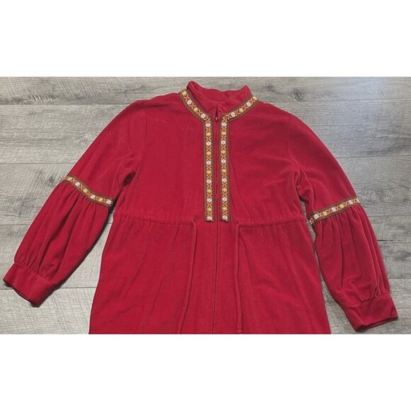 Vintage 60s Lounge Craft Nightgown Womens Medium Red Housecoat Zip Pocket Long - Picture 3 of 15